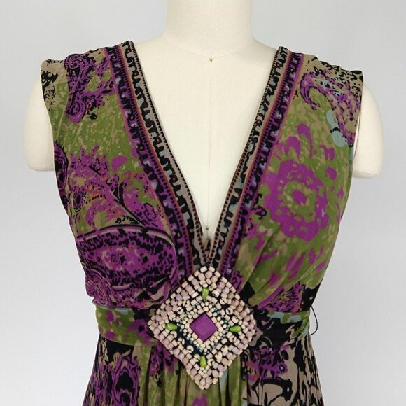 Vintage 90's ICE Mesh Floral Fit & Flare Dress Size 6 Beaded Boho Medallion - Picture 2 of 11